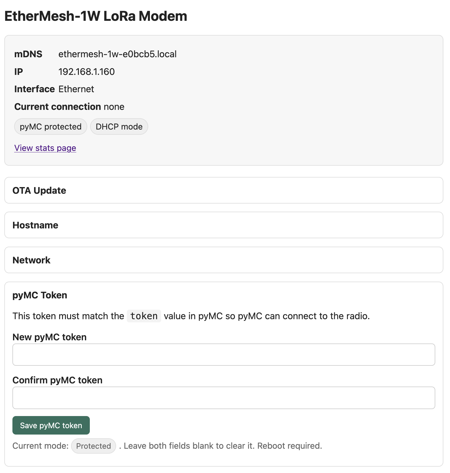 Screenshot of what the ethermesh's http server exposes, with the pyMC panel expanded